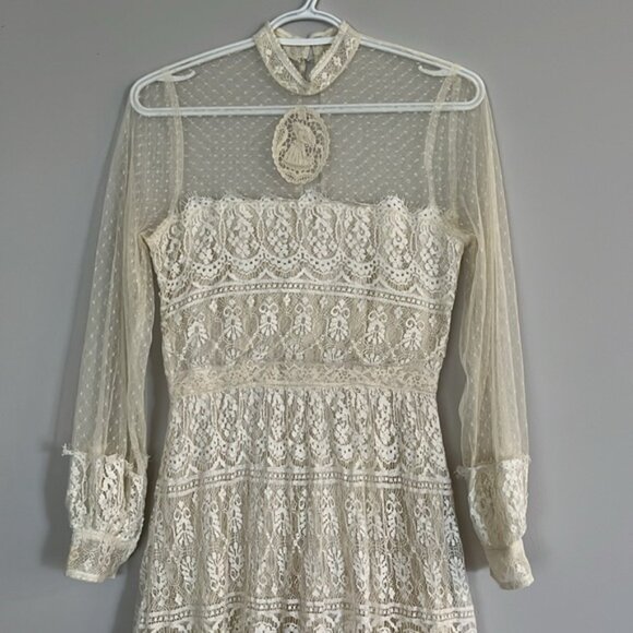 Vintage 1970’s Toutay Bar cream lace dress size XS 36 - Picture 5 of 16